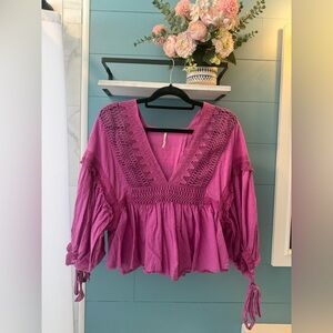 Free People Drive You Mad Crochet Trim Peasant Blouse – Fuchsia – Size M